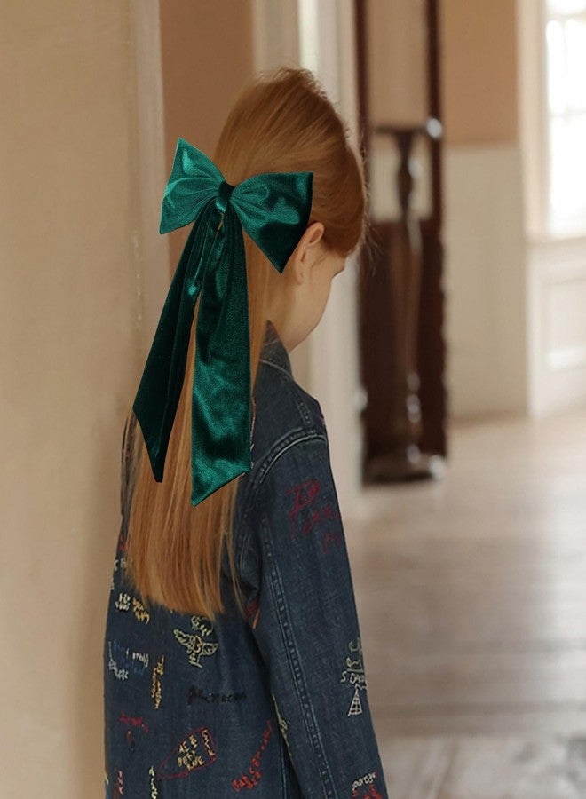 melyde 6.5 Inch Velvet Hair Bow Clip Classic Bowknot Ponytail Holder Long Velvet Ribbon Barrette Hair Accessories for Women Girls, Dark Green - Image 3